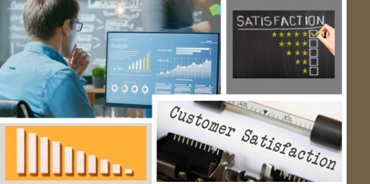 composite image of a man looking at a computer screen, a image of customer satisfaction scores from one star to 5 stars, a bar graph and the words customer satisfaction.