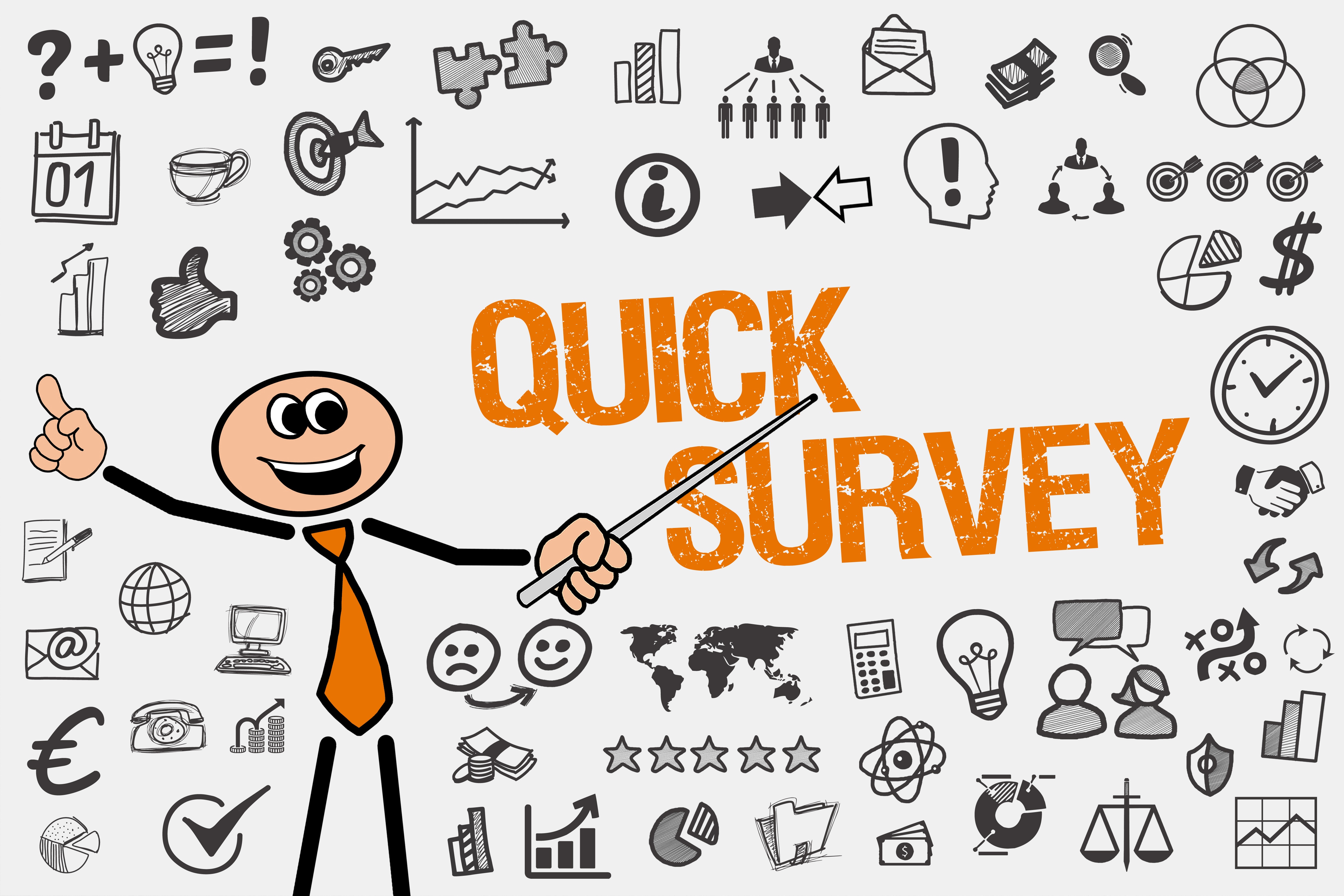 stick person pointing to the words quick survey